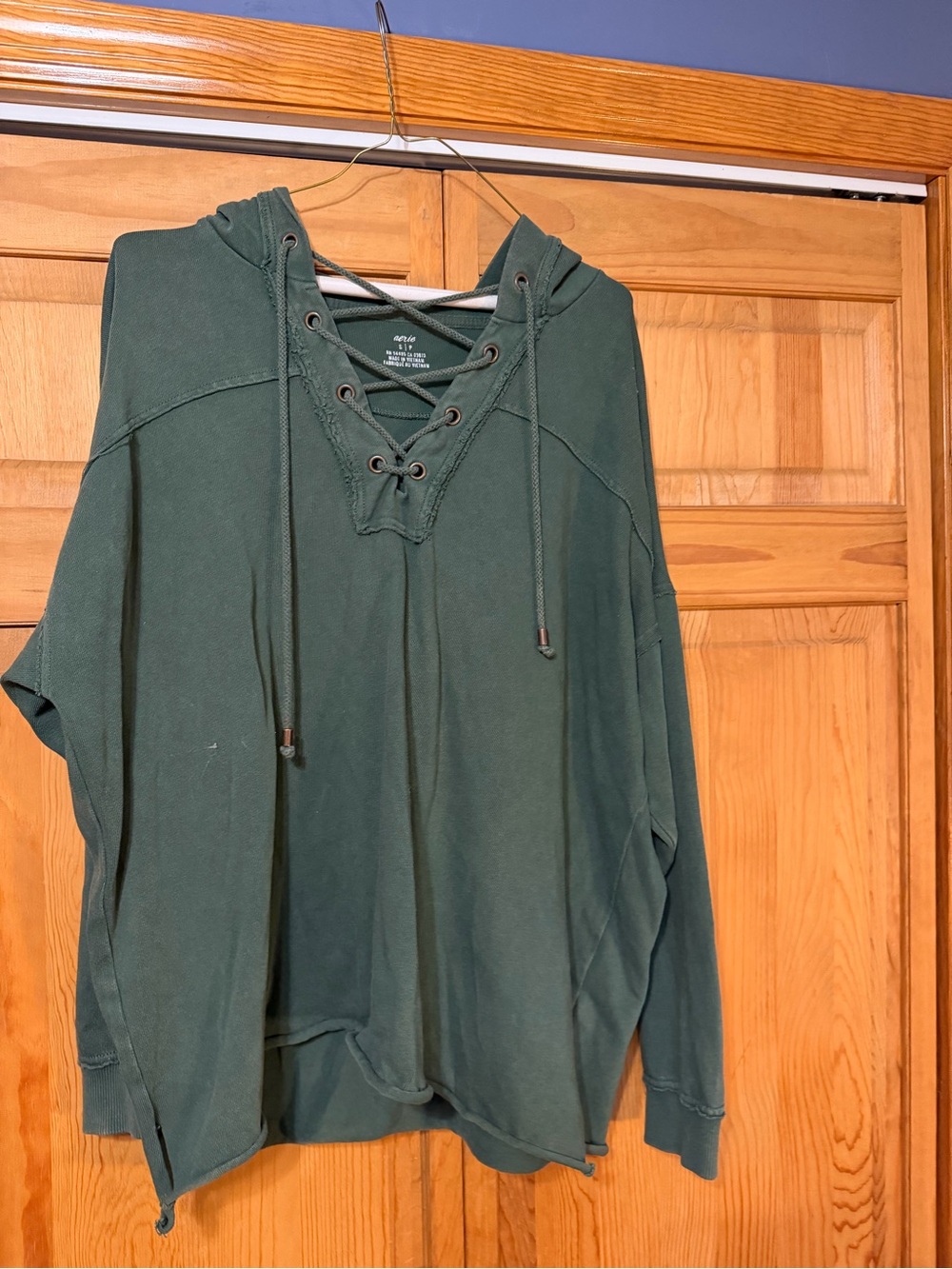 aerie Lace-Up V-Neck Hoodie Sweater in Dark Green
